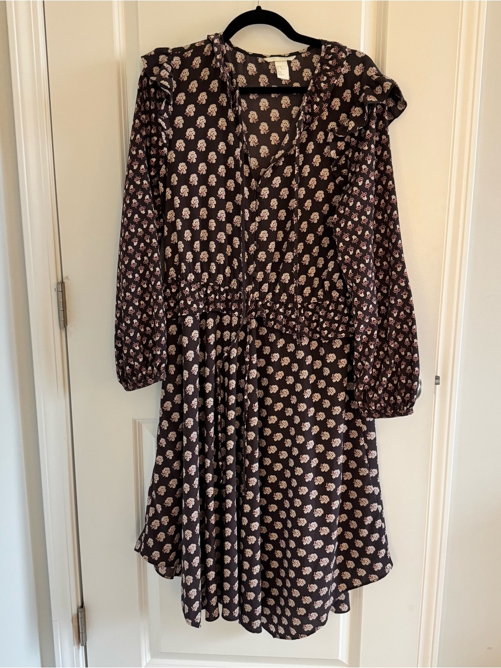H&M Black Long-Sleeve V-Neck Dress with Pink Floral Print